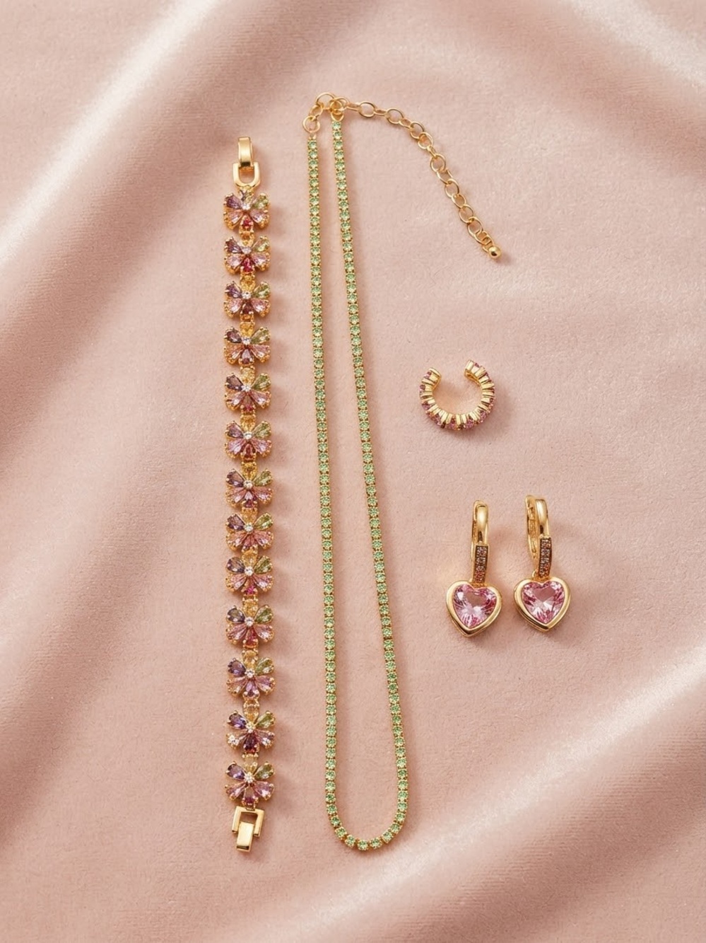 18K Gold Plated Green and Pink Jewelry set, Bracelet, Necklace, Earrings
